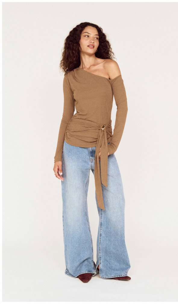 Coffee Off Shoulder Mesh Top with Tie Detail