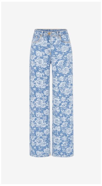 Mid Rise Floral Denim Wide Leg Jeans