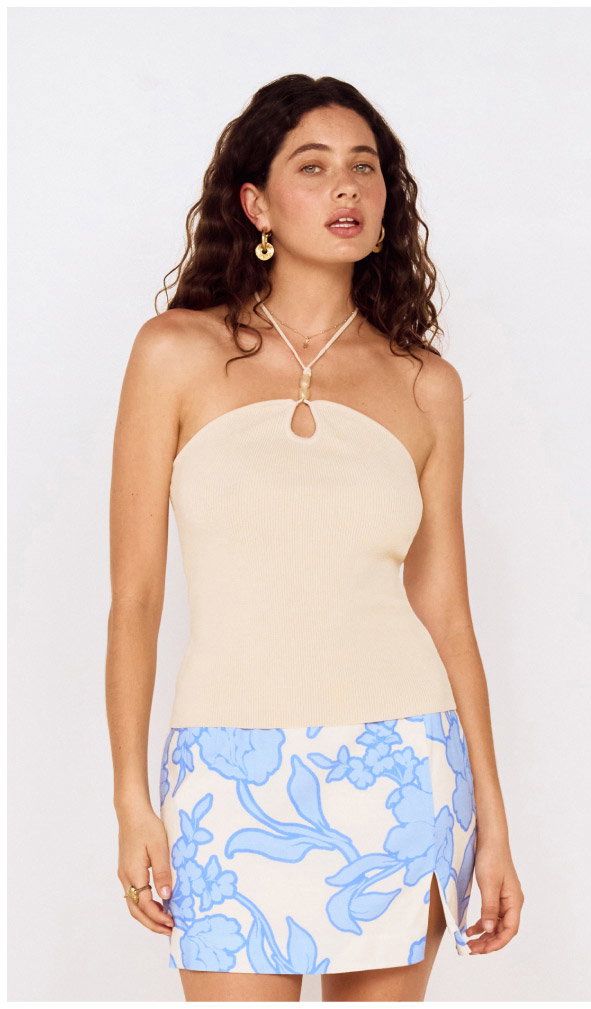 Cream Bead Detail Knitted Halter Top