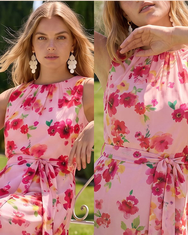 Floral Pleated Chiffon Midi Dress
