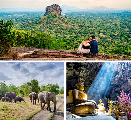 Bild-Collage: Paar schaut auf den Löwenfelsen, Elefanten überqueren eine Straße, goldener Buddha in einer Höhle.