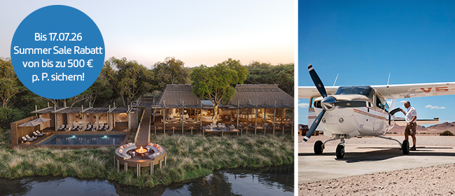 Bild-Collage: Safari-Lodge aus der Vogelperspektive, Pilot steht an seinem Buschflugzeug.