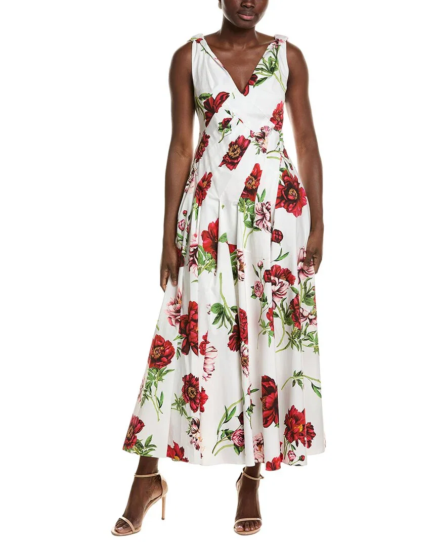 Image of Oscar De La Renta Peony Print Poplin Dress