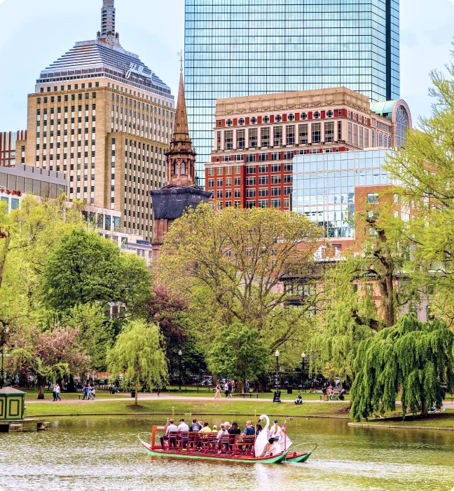 Boston skyline and church steeple from the Public Garden.