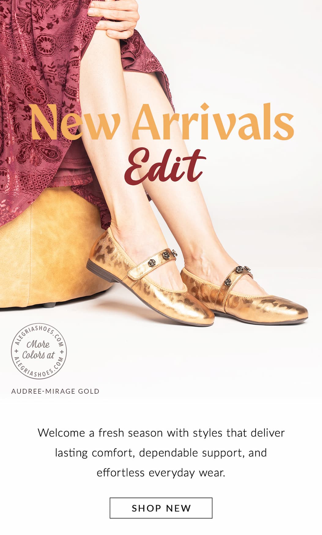Image showing crop from legs down, wearing the Audree Mirage Gold ballet flat, with text overlay reading "New Arrivals Edit"
