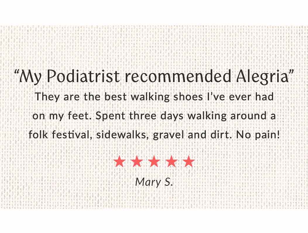 Text reading a store review of Alegria shoes, with header reading "My Podiatrist recommended Alegria".
