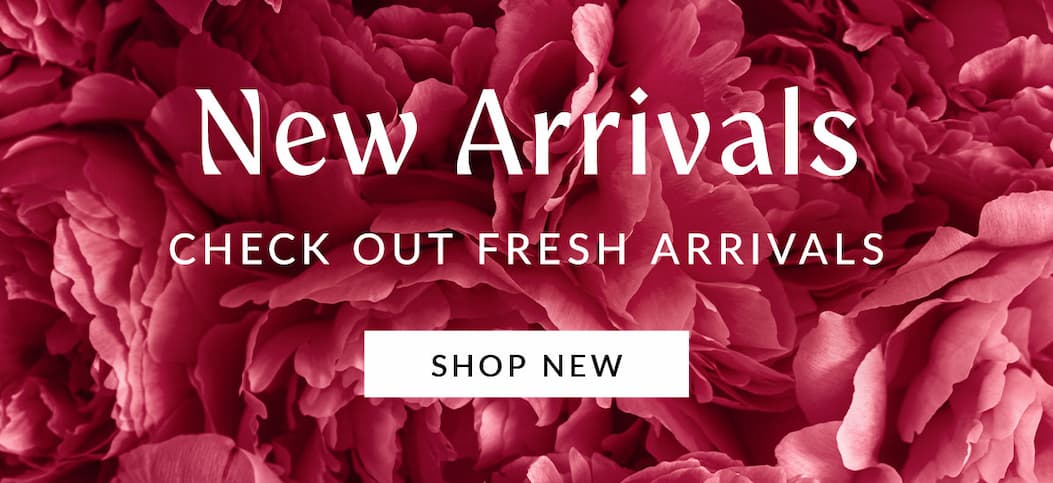 "New Arrivals, check out fresh arrivals" text over pink flowers