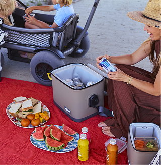 Family enjoying a beach picnic with a cooler.