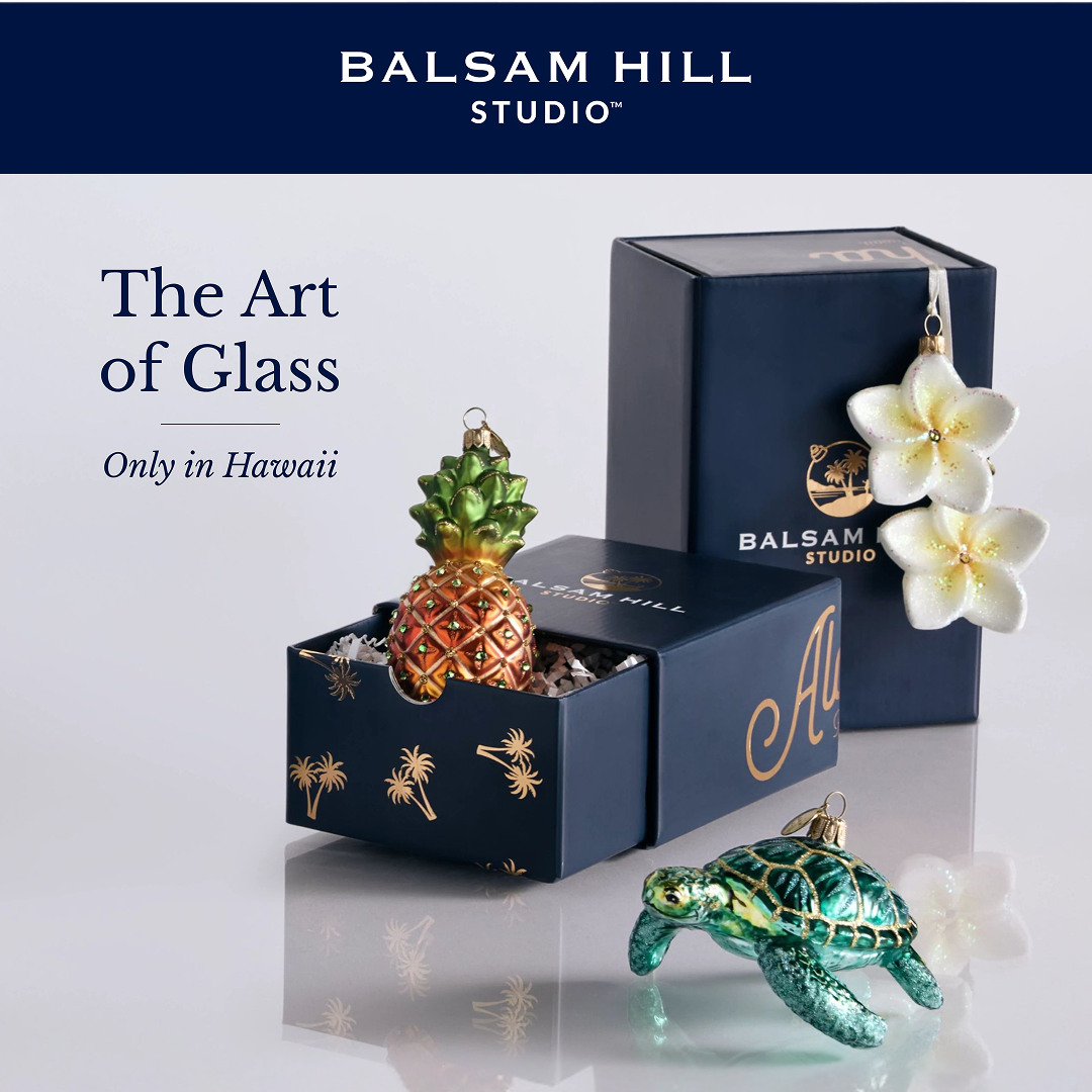 Handcrafted details of BH Studio ornaments featuring pineapple, plumeria, and turtle ornaments 