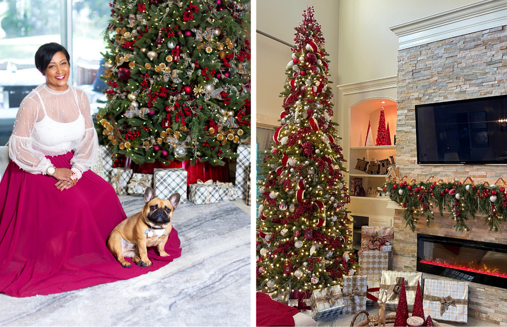 Photo showing Melonie Graves with her dog and her decorated Christmas tree by the fireplace