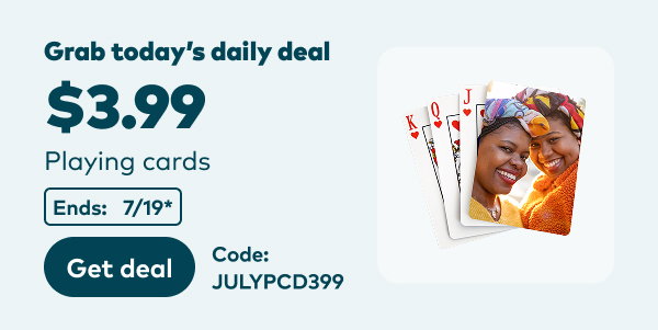 Grab today's daily deal: $3.99 playing cards. Code: JULYPCD399. Ends: 7/19, see site for details. Get deal.