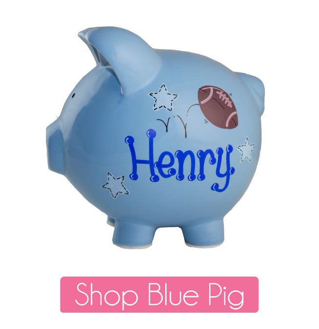Personalized Hand Painted Blue Piggy Bank