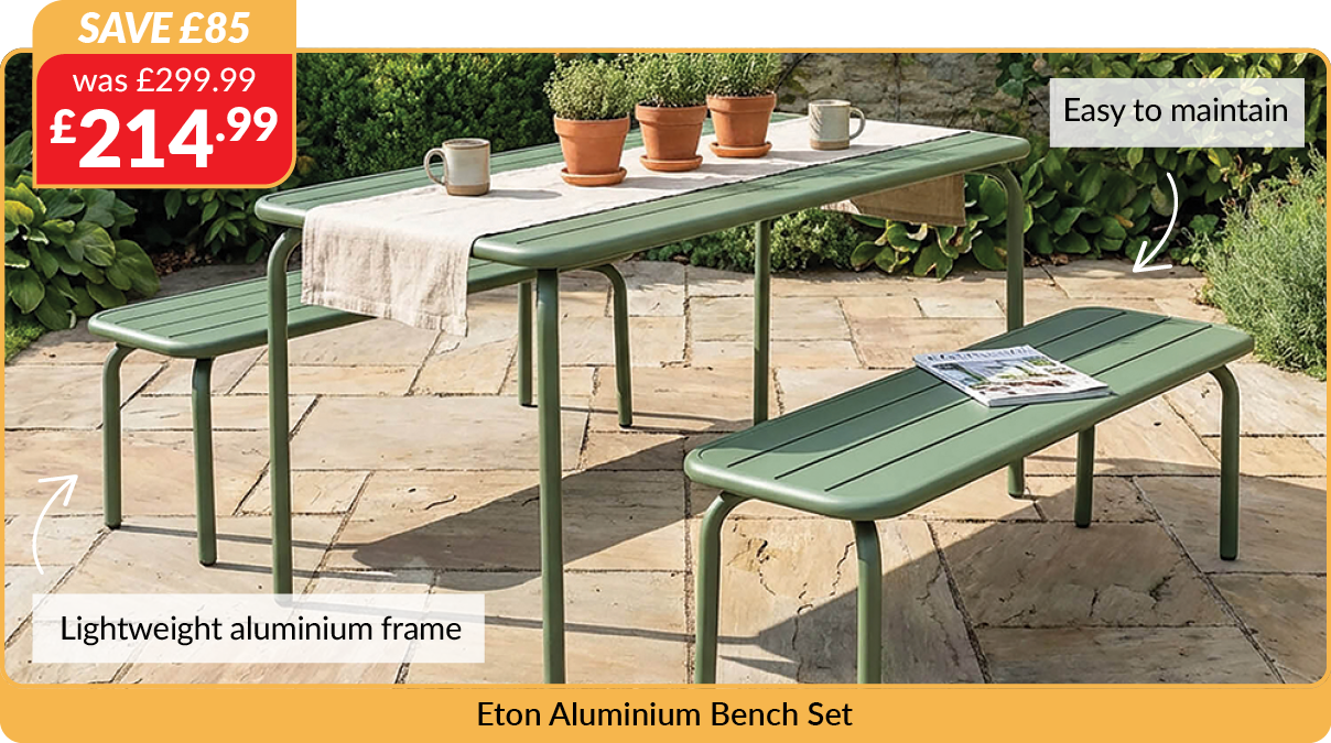 eton aluminium bench set. easy to maintain. lightweight aluminium frame. save £85 - was £299.99 now £214.99