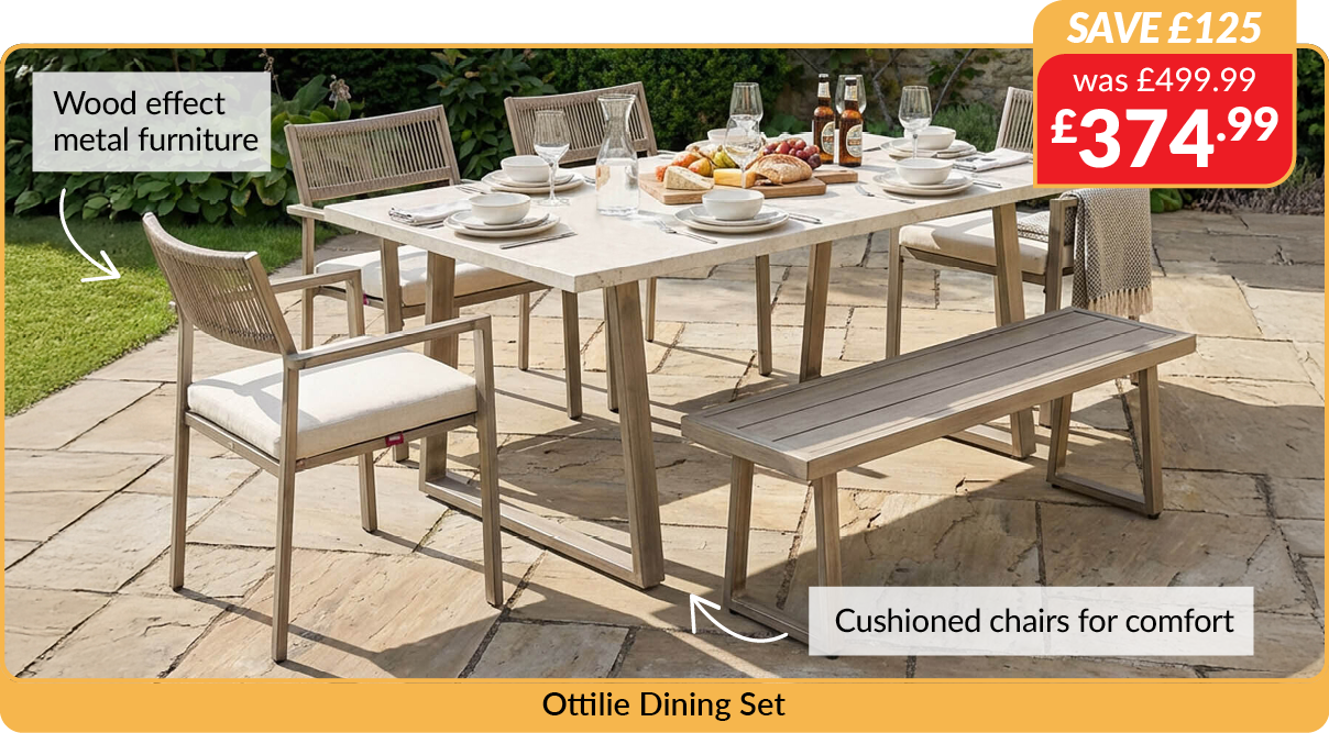 ottilie dining set. save £125 - was £499.99 now £374.99. wood effect metal furniture. Cushioned chairs for comfort
