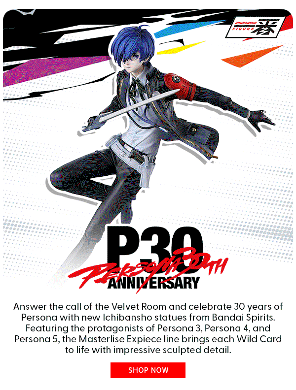Persona 30th Anniversary  Answer the call of the Velvet Room and celebrate 30 years of Persona with new Ichibansho statues from Bandai Spirits. Featuring the protagonists of Persona 3, Persona 4, and Persona 5, the Masterlise Expiece line brings each Wild Card to life with impressive sculpted detail.