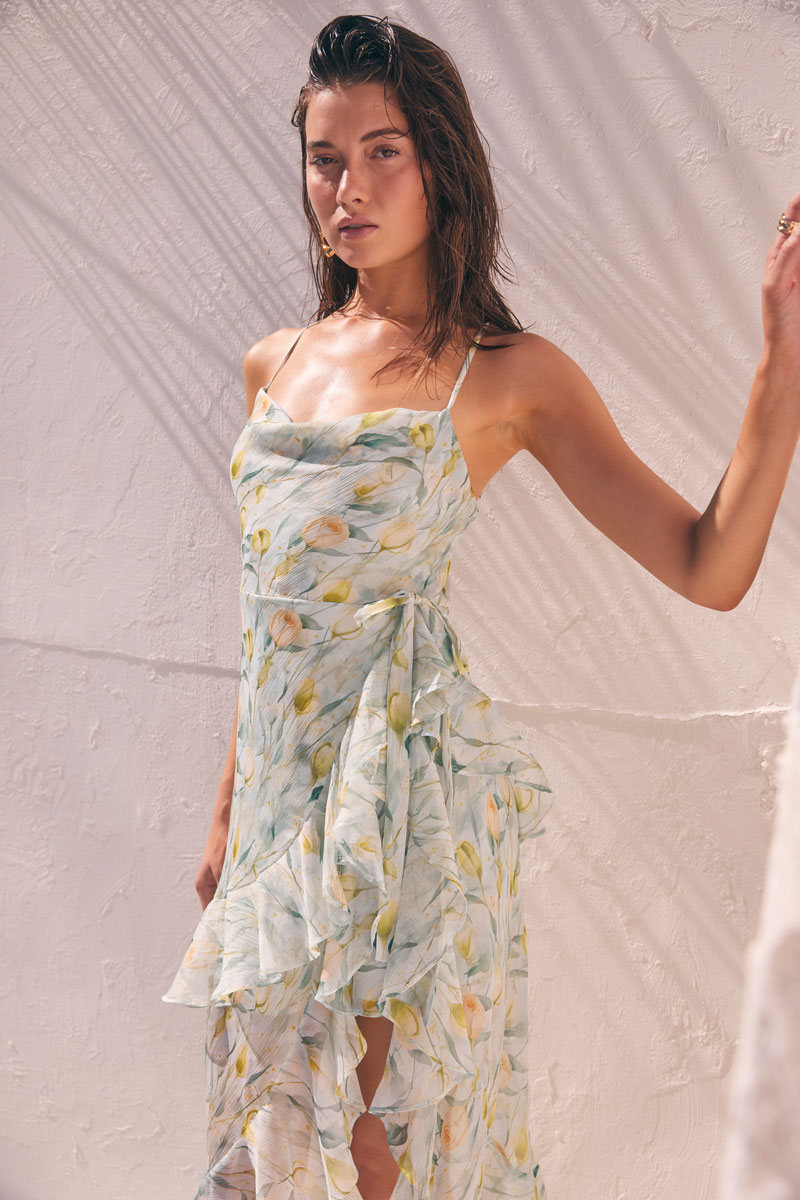 Woman Wearing Cowl Neck High-Low Chiffon Dress