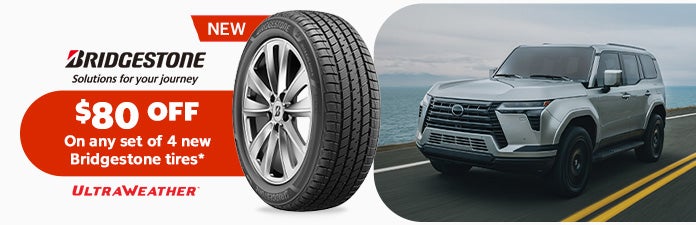 Bridgestone. Installation package is included. $80 OFF on any set of 4 new Bridgestone Tire.