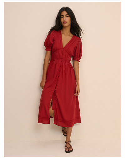 Red Button Front Frances Midi Dress