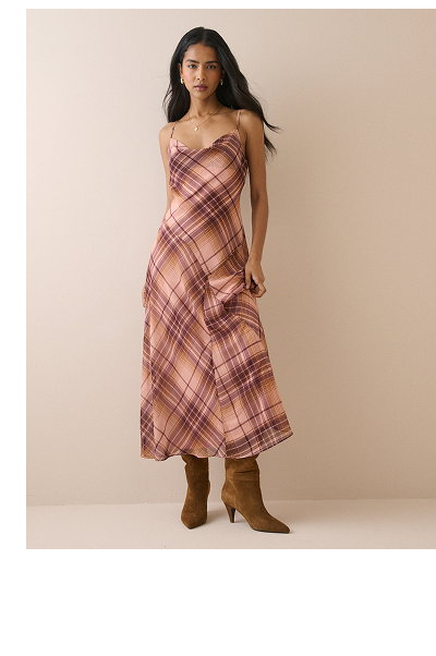 Pink and Maroon Check Motsi Midi Dress