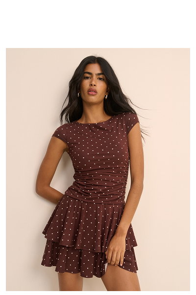 Brown Polka Dot Drop Waist Jersey Yuki Mini Dress