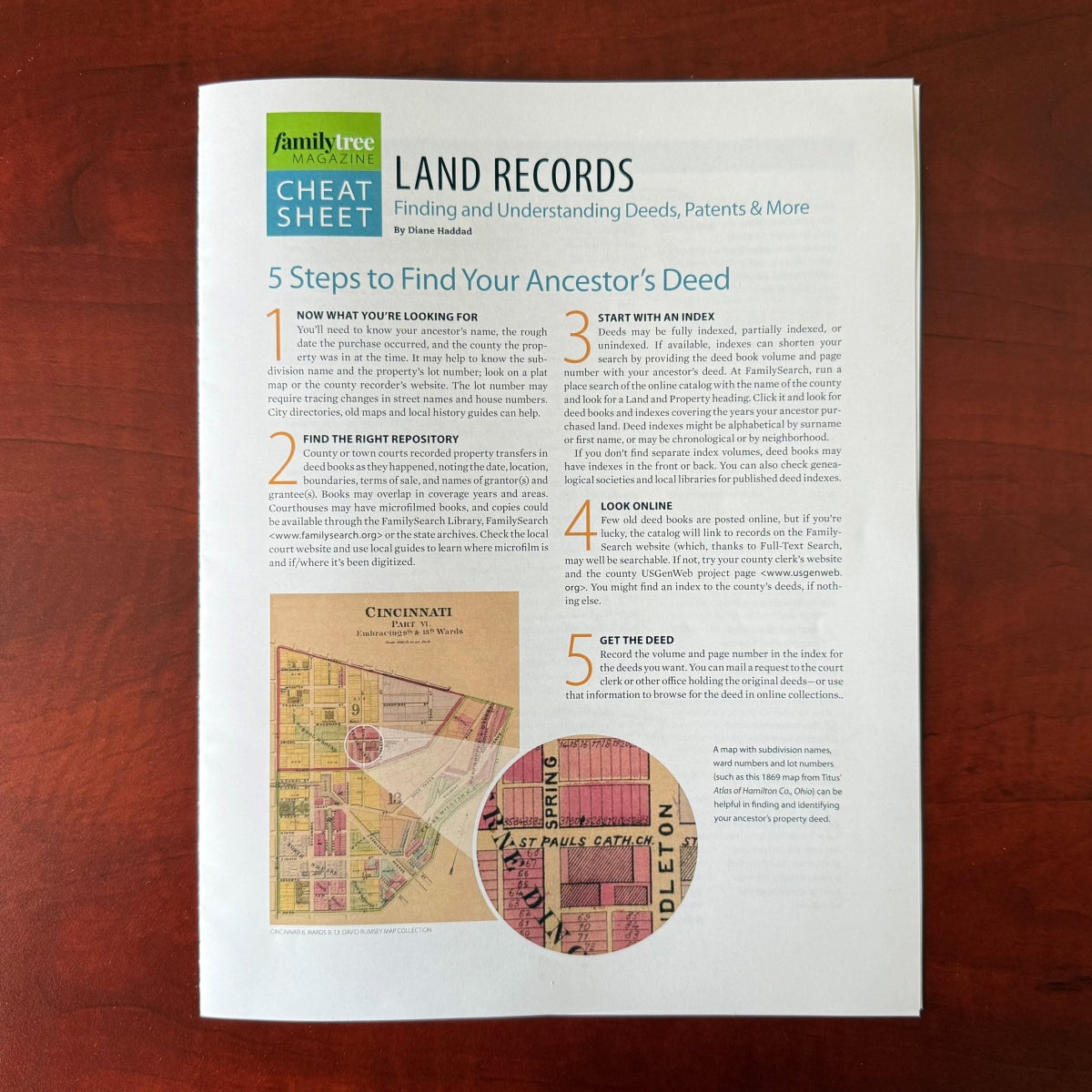A magazine page titled "LAND RECORDS: 5 Steps to Find Your Ancestor's Deed" with text, a map, and an inset image, on a wooden surface.