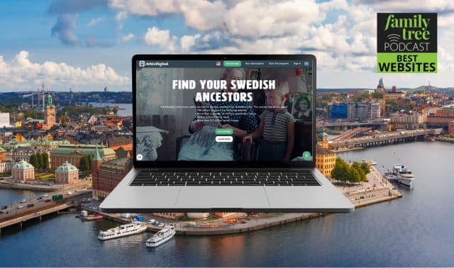 A laptop displaying a website titled "Find Your Swedish Ancestors" is superimposed over a cityscape with water and buildings; a "Best Websites" badge appears in the top right corner.