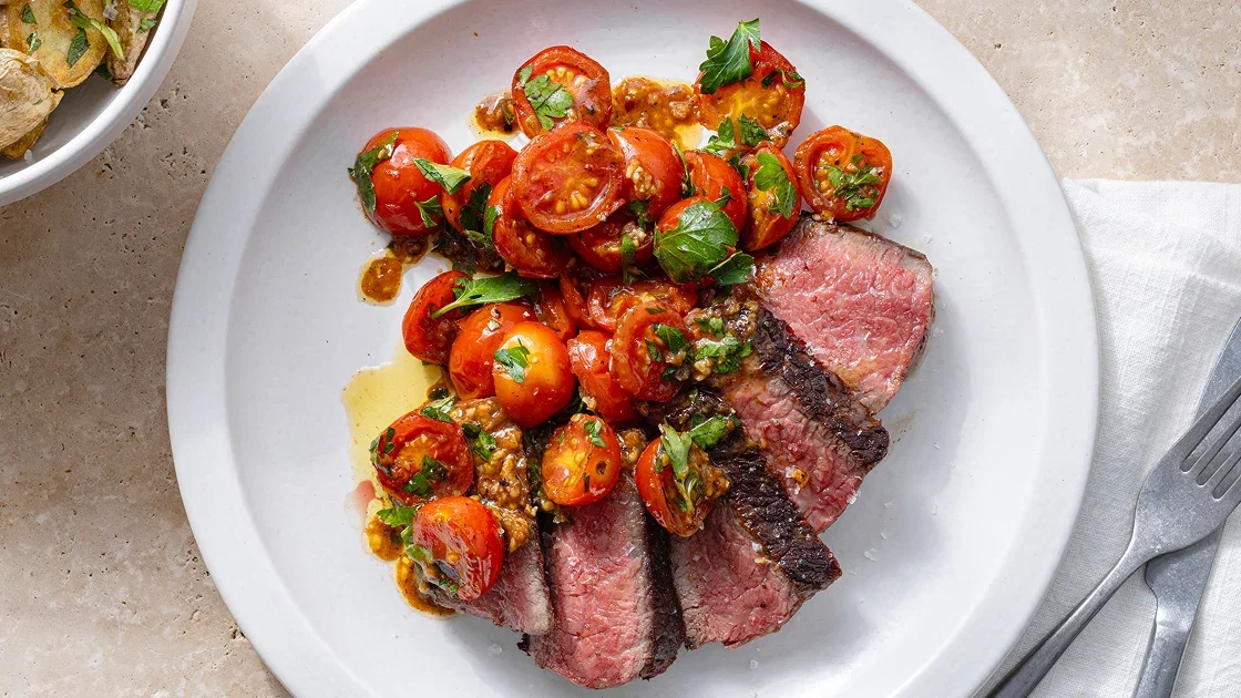 Pan-Seared Steaks with Cherry Tomato Sauce