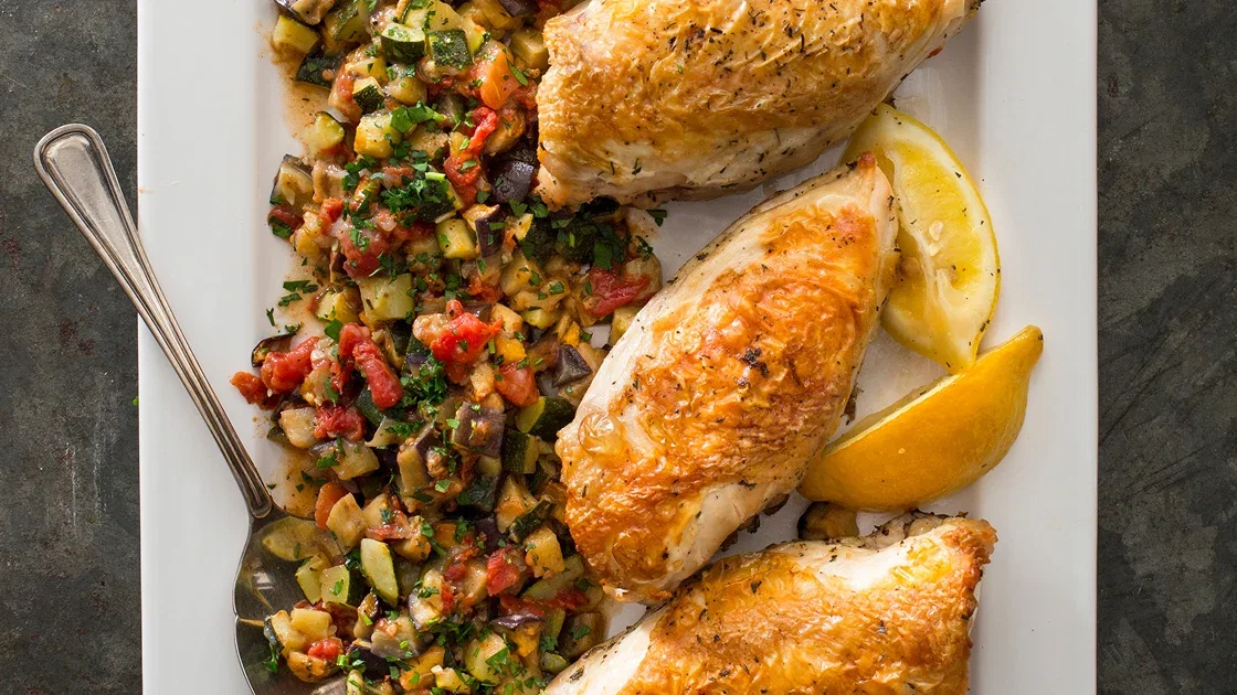 Sheet-Pan Lemon-Thyme Roasted Chicken with Ratatouille