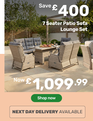 save £400. 7 seater wicker reclining patio sofa lounge set. Now £1099.99 - shop now. Next day delivery available