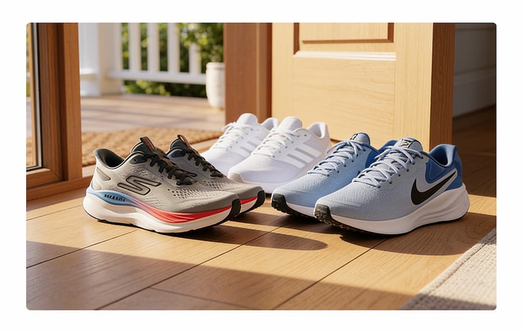 Image of (from left to right) Skechers, Adidas, and Nike