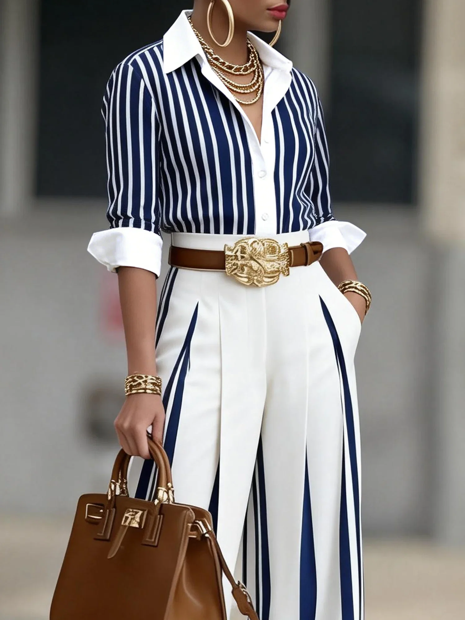 Urban Striped Blouse Shirt Collar Regular Fit Long Sleeve Commuting