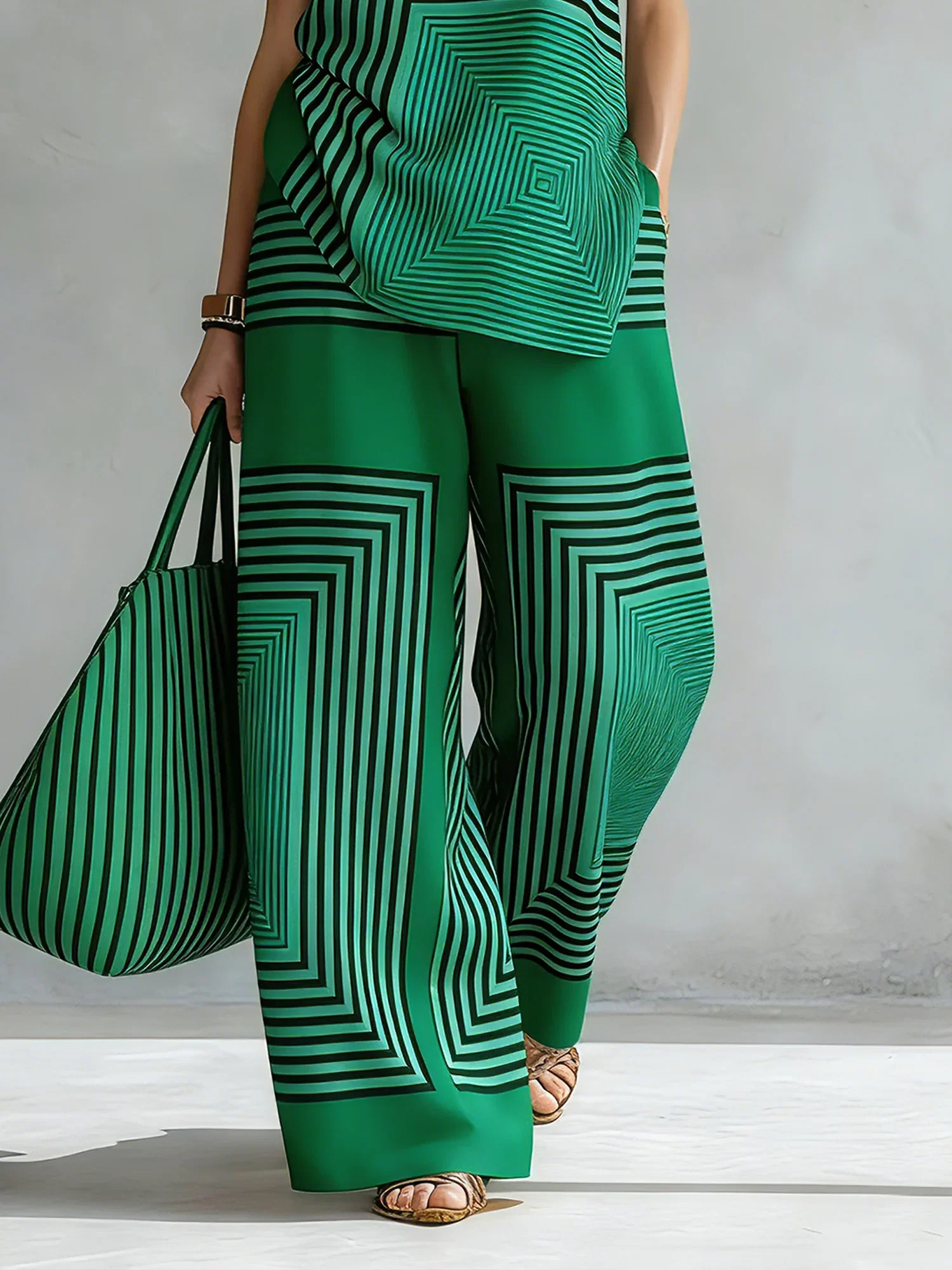 Urban Geometric Stripe Wide Leg Pants High Waist Flowy Office Trousers