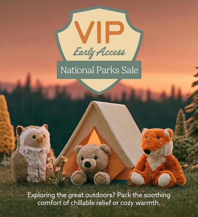 National Parks Warmies in a woodland tent. Shop Sale.