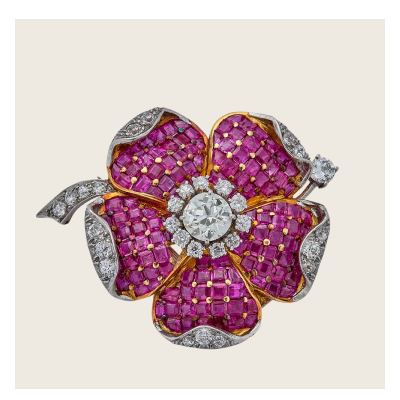 abcVintage 1950s 18K Yellow Gold and Platinum, Ruby, Diamond Flower Brooch