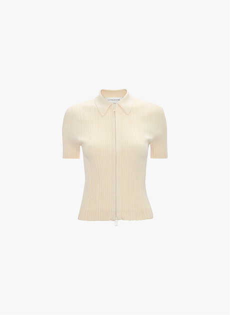 Ribbed Polo Top In Beige