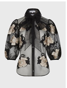 Black Sheer Mesh Shirt With Gold and Black Embroidered Flowers
