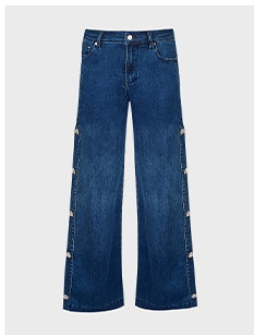 Wide-Leg Side-Snap Denim with Crystal Buttons