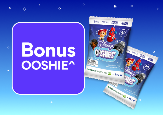 Two Disney
 Ooshies mystery blind bags and text stating Bonus OOSHIE^