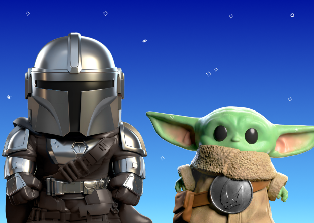 Toy figures of the Mandalorian and Grogu (Baby Yoda) against a blue background.