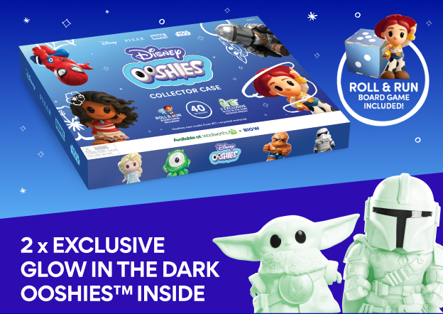 Disney Ooshies Collector Case box and two Star Wars figures with promotional text stating 2 x Exclusive Glow in the Dark Ooshies™ Inside