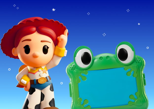 Disney toy figure of Jessie from Toy Story next to a green frog-shaped screen, against a blue background.