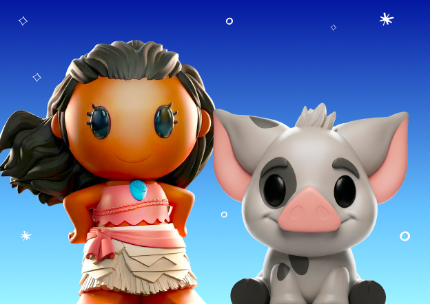 Disney toy figures of Moana and a pig, Pua, against a blue background.
