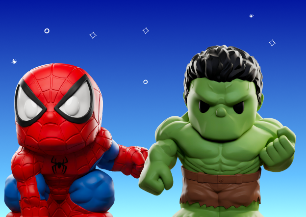 Disney toy figure of Spider-Man and the Hulk, against a blue background.