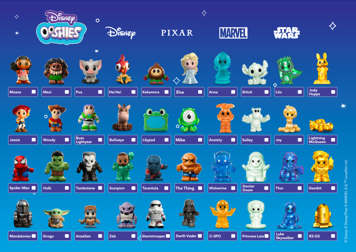 A Disney Ooshies collector checklist showing different stylised toy figures from Disney, Pixar, Marvel, and Star Wars.