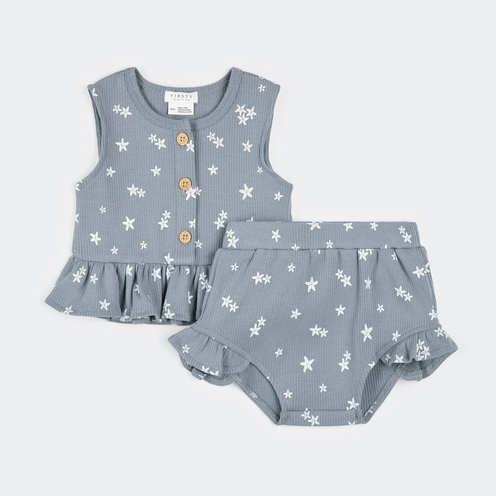 Image of Starfish Print on Rain Blue Ribbed Short Set