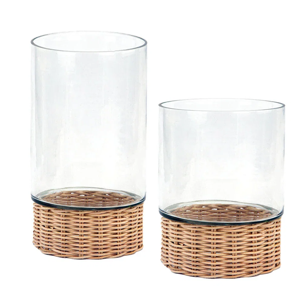 Image of Handcrafted Clear Glass and Natural Rattan Candleholder