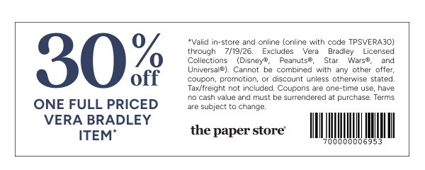 30% off one full priced Vera Bradley Item*