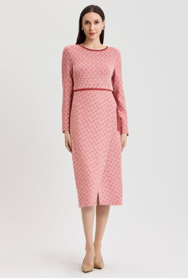 Faux Wrap Contrast Trim Soft Knit Straight Dress
