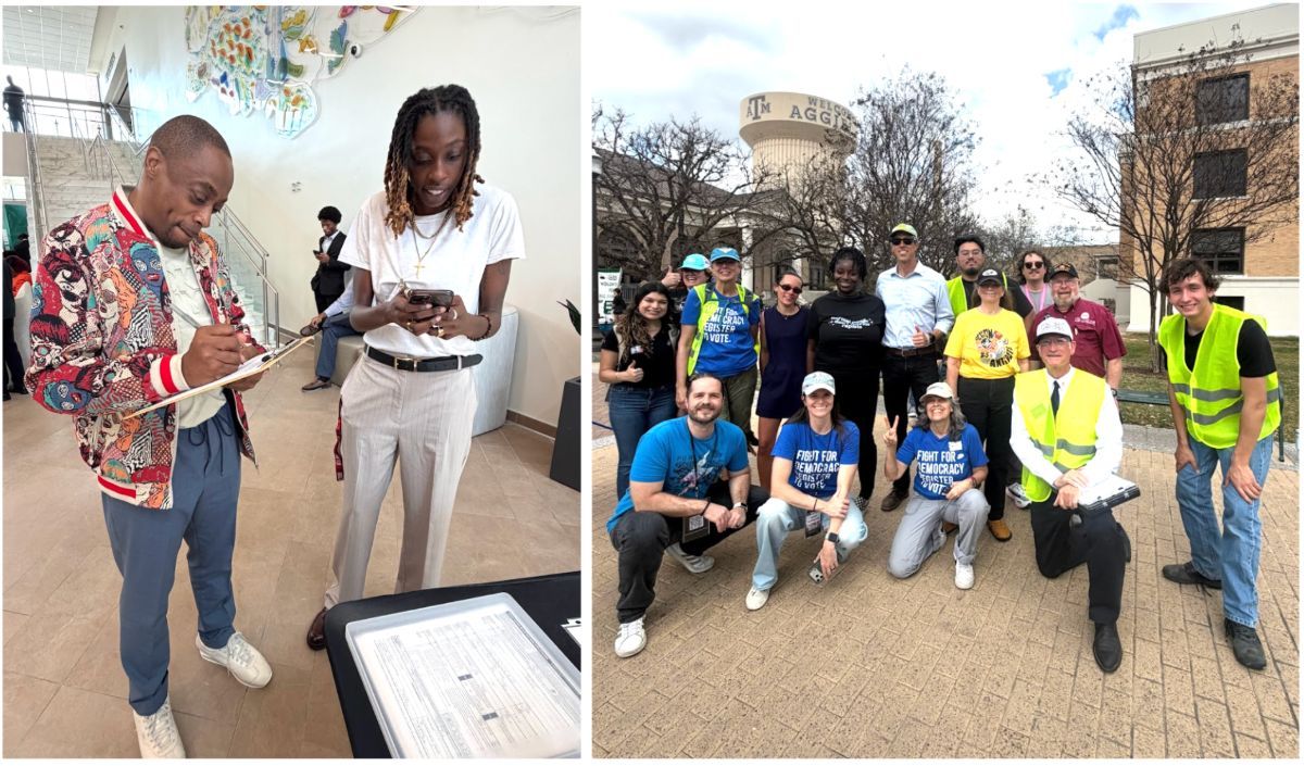 Left image: Two people standing side by side, person on the left is holding a clipboard and writing on it, person on the right is looking at their phone; Right image: A group of Powered by People volunteers, some wearing blue tee shirts and some wearing high visibility vests, posed with Beto O'Rourke standing in the middle of the group
