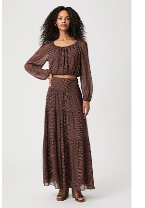 Capricorn Blouse and Somi Skirt in Mahogany Ecru.